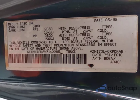 1998 Toyota Tacoma Base V6 from USA, damaged, VIN 4TAWN72N8WZ142285